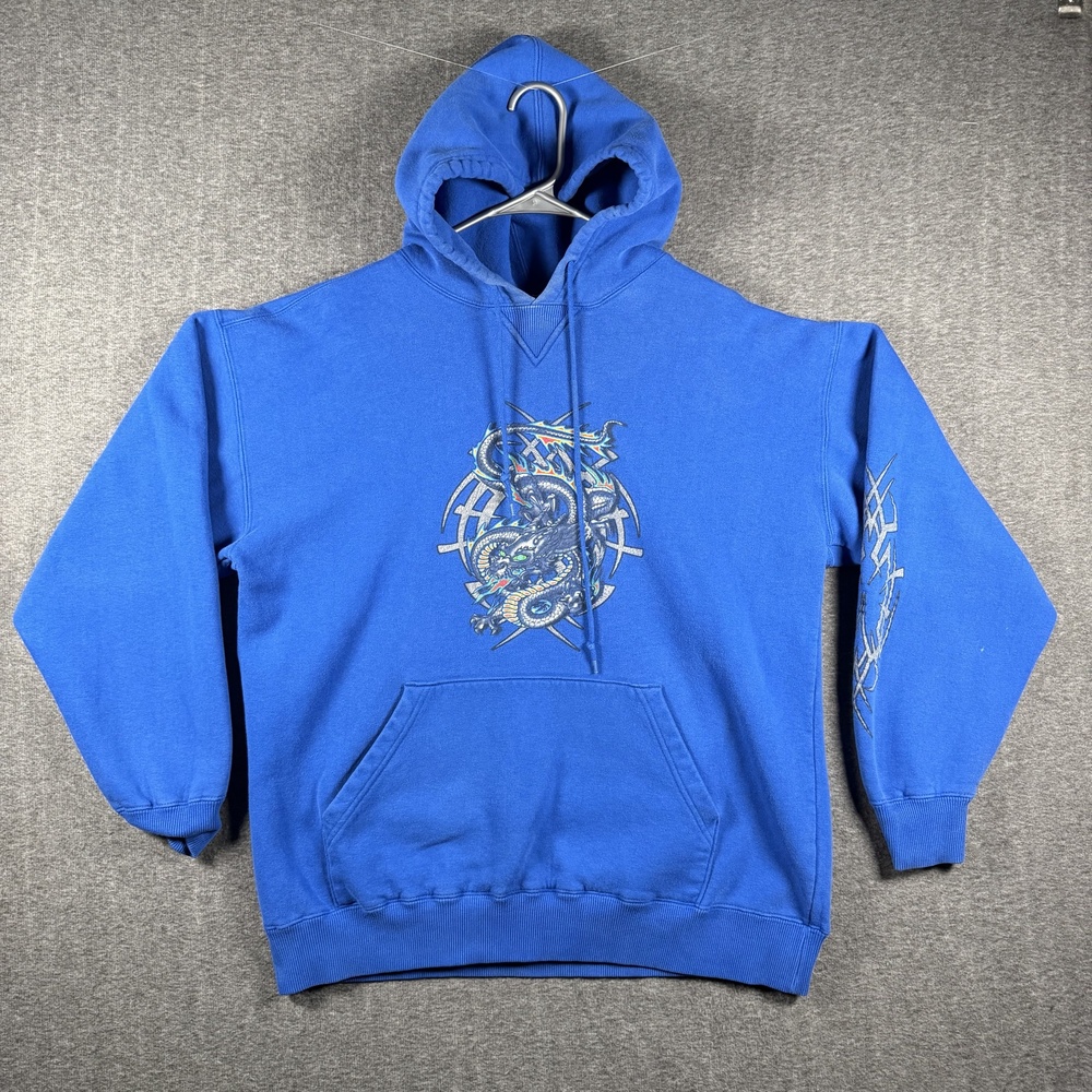 Athletach Dragon Graphic Hoodie Blue Pullover Sleeve Print VTG Y2K Streetwear